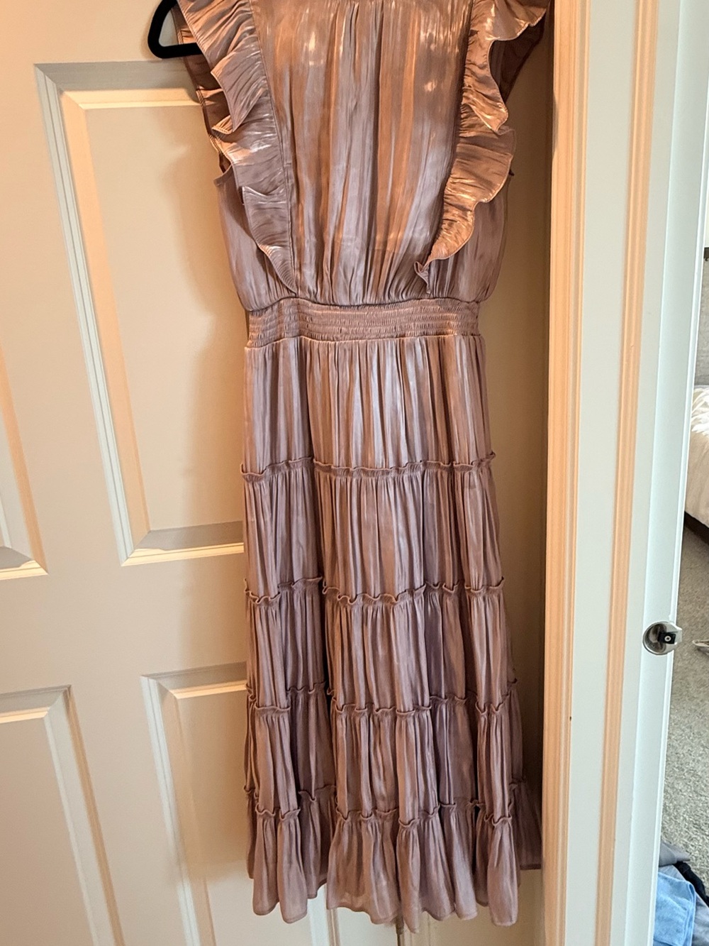 Lulu's Metallic Rose Taupe Ruffle-Tier Maxi Dress